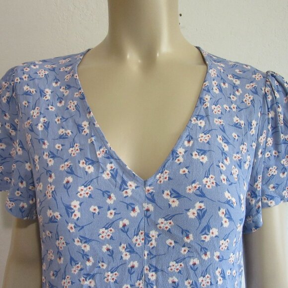 MNG Blue & White Floral V-Neck 6 Pullover Short Sleeve Tie Back Midi Dress - Picture 2 of 4
